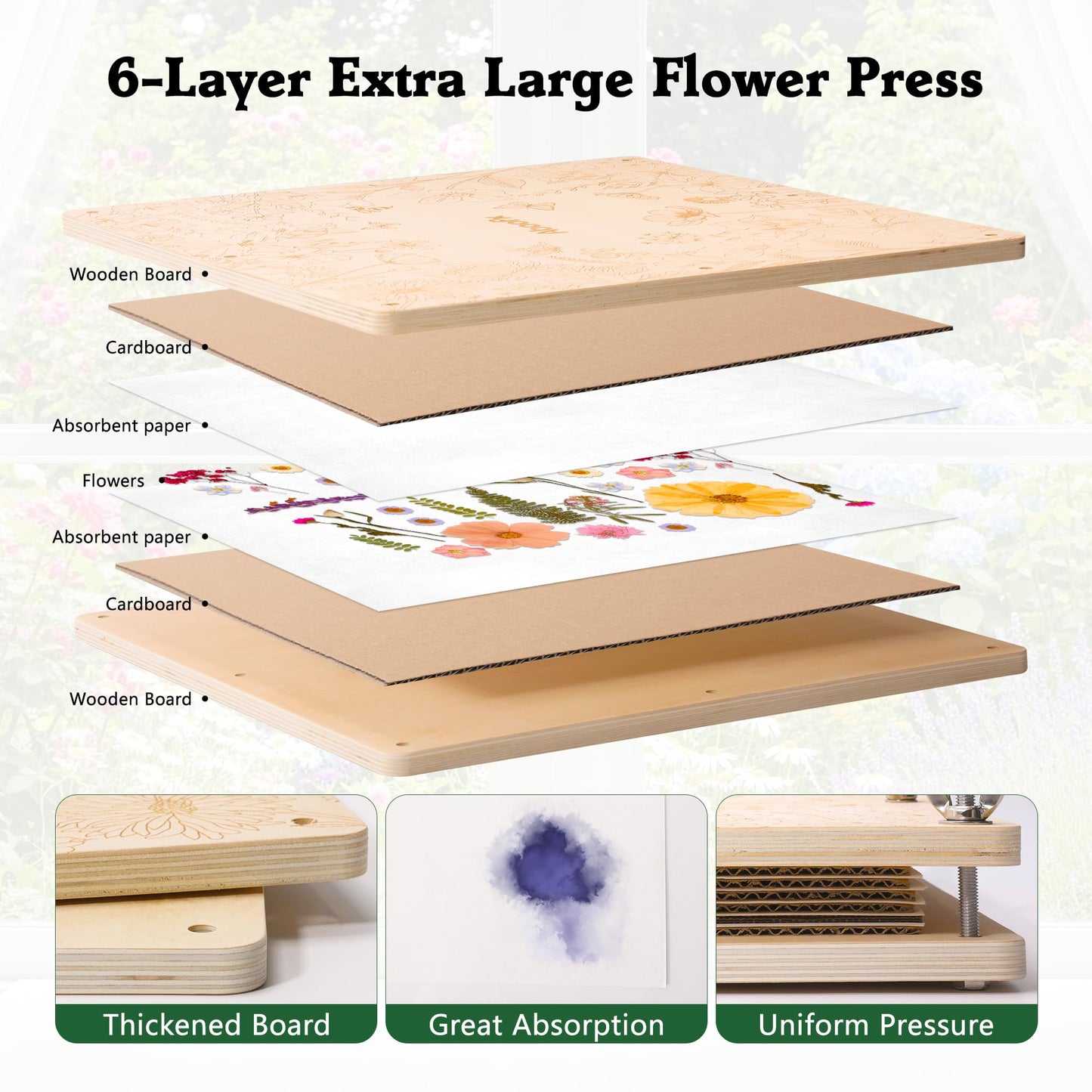 Aboofx Extra Large Flower Press Kit for Adults, 15"x 15" 6 Layers Wooden Flowers Pressing for DIY Easter Theme Pressed Flowers Art, Big Flower Preservation Kit for Frame Bookmark Resin Craft Projects