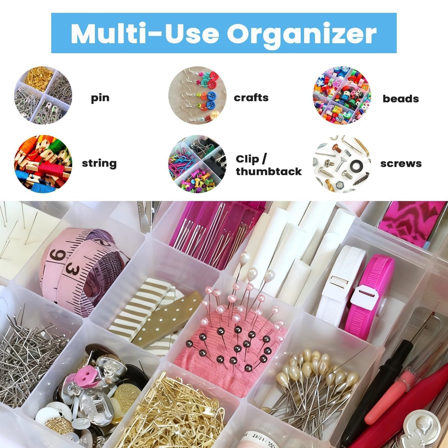 Megoogo 2pack 24 Grid Clear Plastic Bead Organizer Box with Adjustable Dividers, Bead Organizers and Storage Container Box with 2 Label Sticker for Craft Buttons Fishing Tackles Tools Hair Accessories