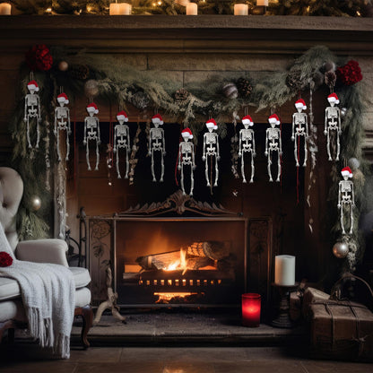 Silipull 12 Pcs Christmas Skeleton Figurine with Santa Hat 7.3 Inch Skeleton Santa Claus Tree Hanging Ornament Mini Skeletons Figurines for Christmas Indoor Outdoor Party Decoration