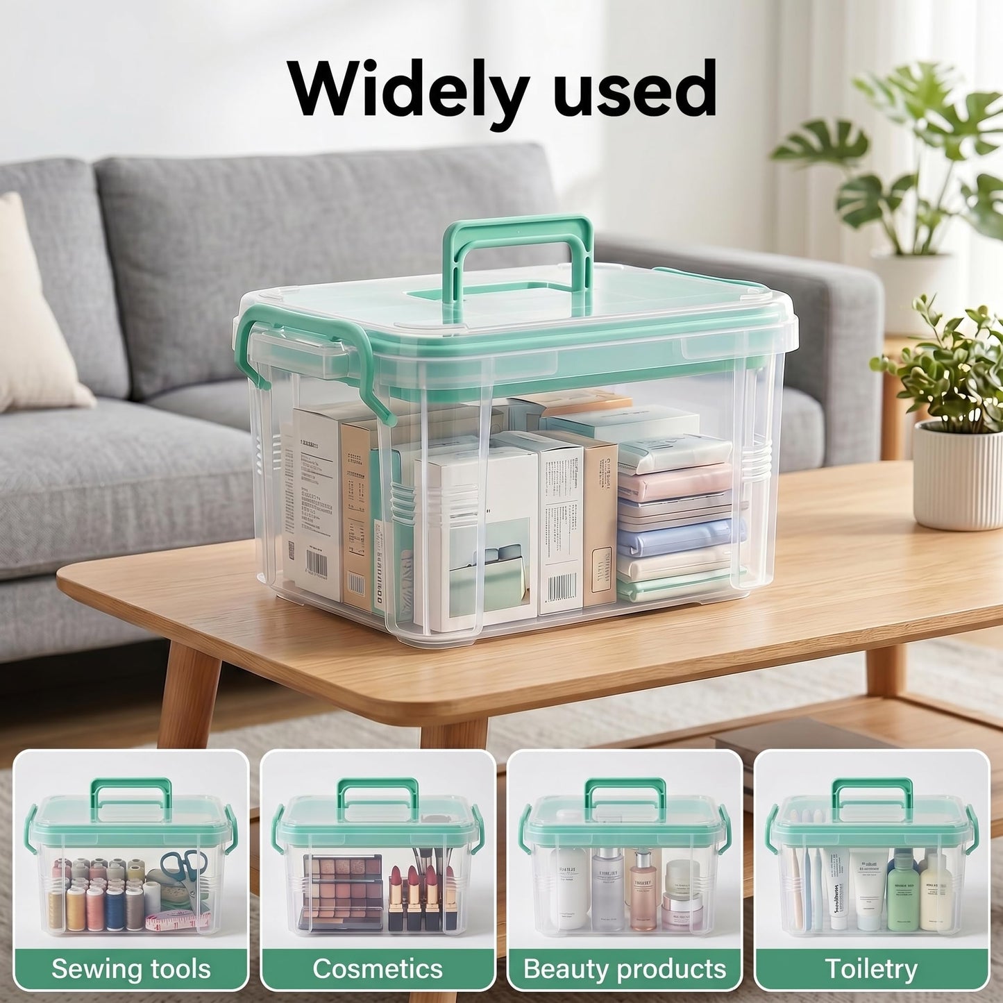 Goaste 15QT Clear Medicine Organizer Box with Handle, Plastic Medicine Container with Detachable Tray, Portable First Aid Bin Empty, Multipurpose Medical Storage Case for Home, Craft Supplies, Green