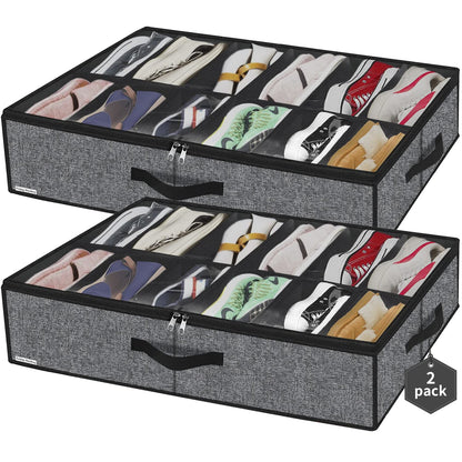 Friday Monkey Sturdy Under Bed Shoe Storage Organizers 2 Pack, Fit Total 24 Pairs, Large Underbed Closet Shoes Box Container Bag with Clear Cover, Breathable, 29.3x23.6x5.9 inches, Black, ZMBCUBSB2P