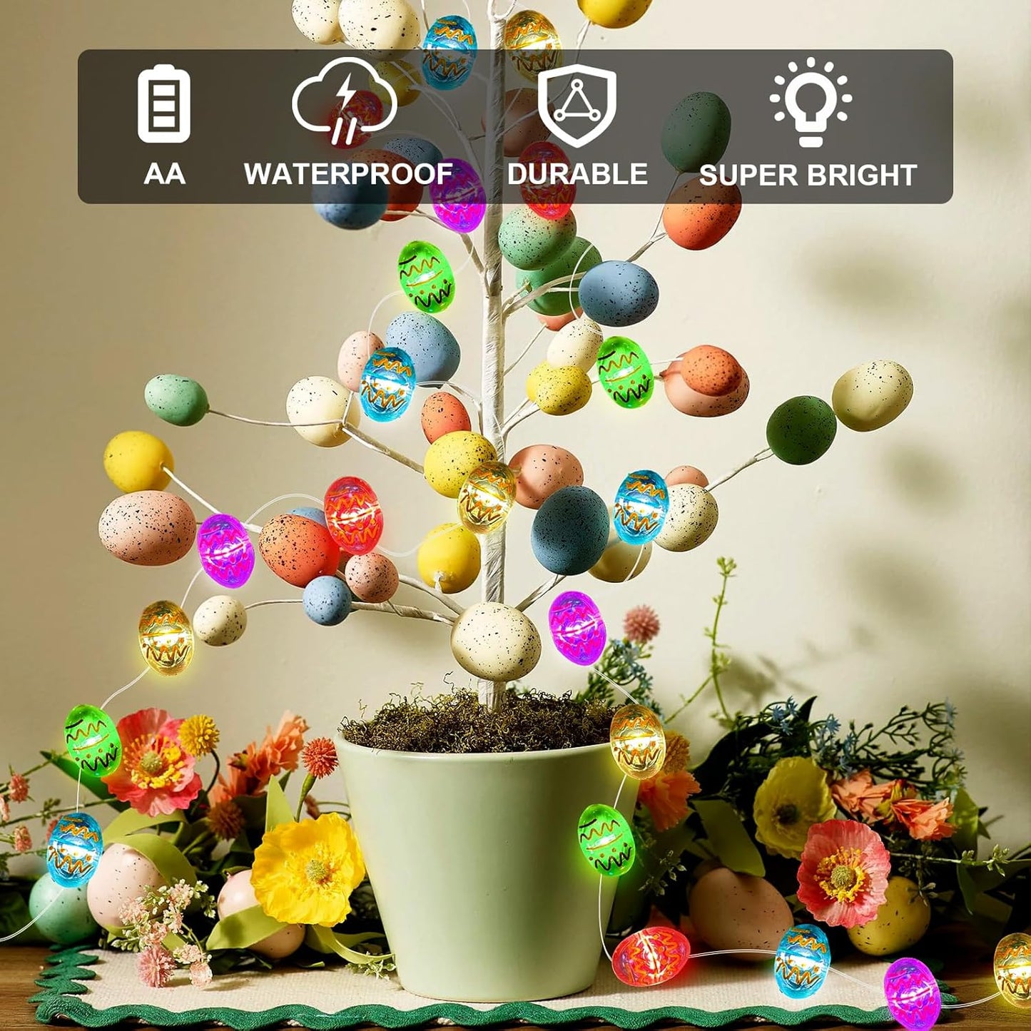 50LED 16ft 3D Aogist Easter Egg Fairy Lights - Super Bright Egg String Light Battery Operated Decor for Indoor/Outdoor