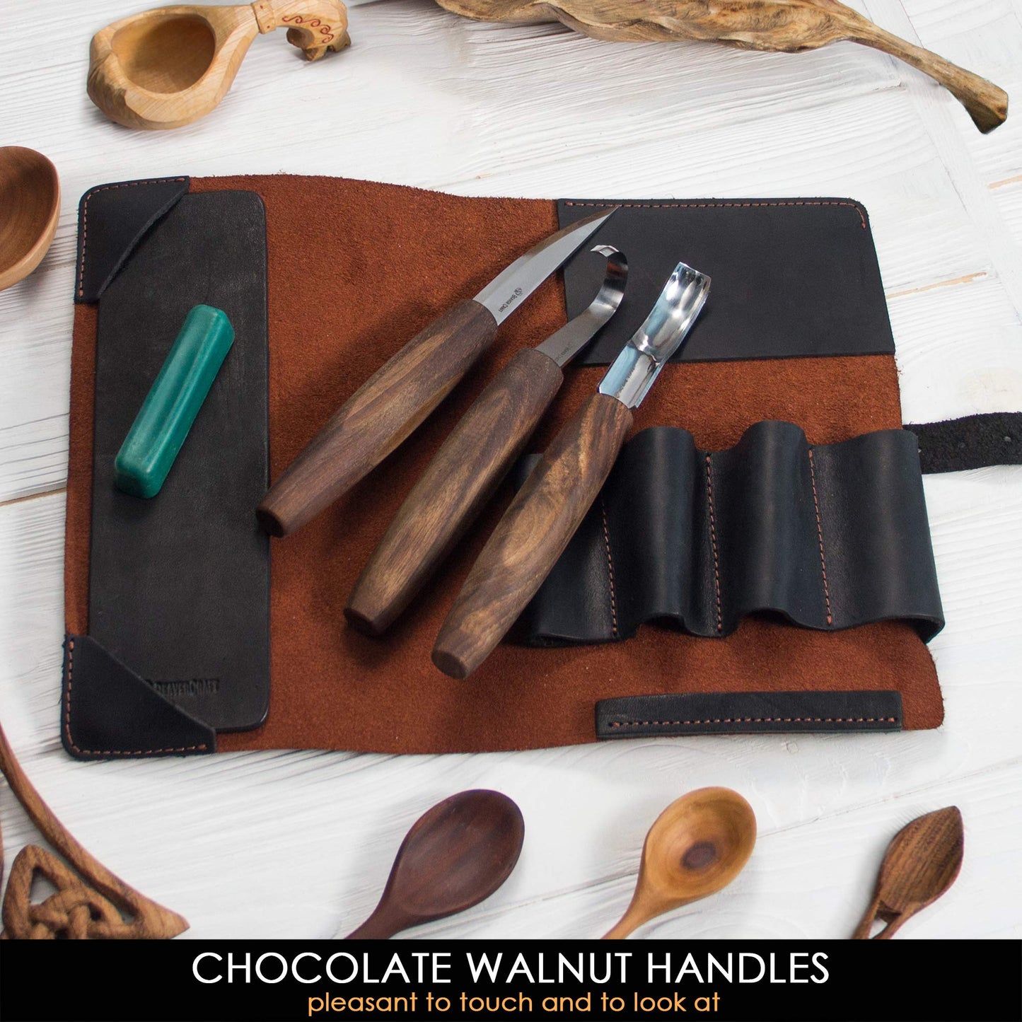 BeaverCraft Wood Spoon Carving Tools Kit S14x Deluxe - Whittling Tools Set Includes Sloyd Wood Carving Knife, Hook Knife, Gouge, Leather Roll-Up Case & Leather strop with Polishing Compound