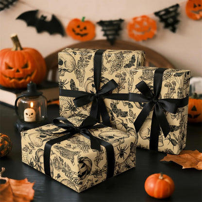 RUSPEPA 30" X 32.8' Kraft Autumn Wrapping Paper Large Paper Roll, Jumbo Roll, Vintage Black Skull, Spider, Pumpkin and Gothic Floral Design Kraft Gift Wrap for Fall Holiday and Halloween Party