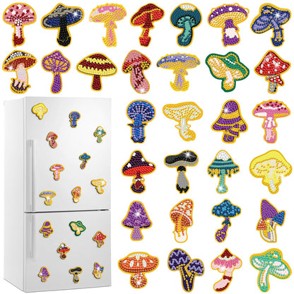 Xuhal 30 Pcs Mushroom Diamond Painting Magnets Mushroom Diamond Art Magnet Kits for Adults Cute Plant Refrigerator Magnetic Sticker 5D Rhinestone Fridge Stickers for Beginner DIY Crafts Xmas Gifts