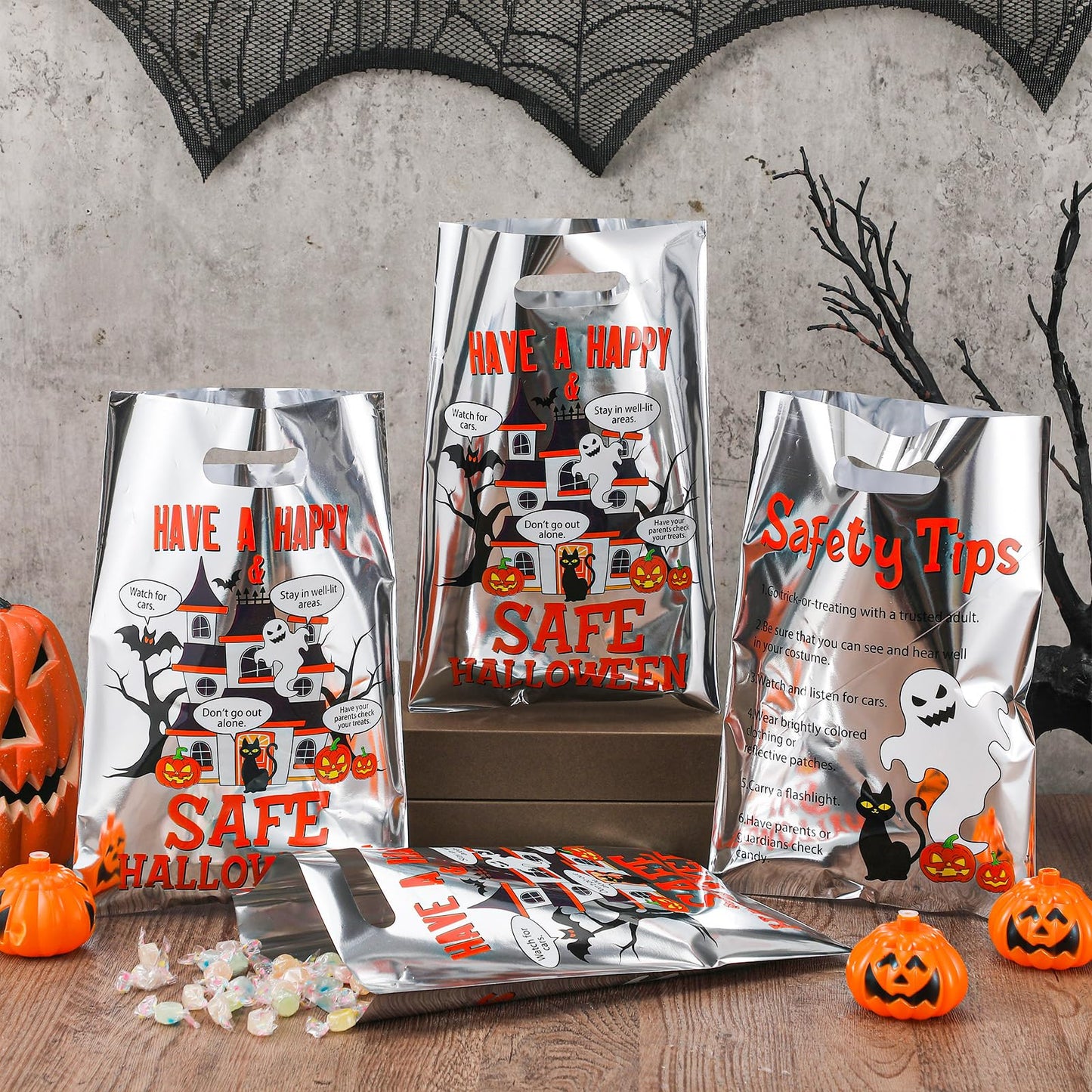 Hosuly 100 Pcs Halloween Reflective Goodie Bags Bulk Have a Safe&happy Halloween Plastic Gift Bags Safety Tips Treat with Handles for Trick or Treat Theme Party Favors