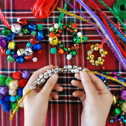 Winlyn 475 Set Christmas Jingle Bell Wreath Christmas Tree Ornaments Craft Kit Jingle Bell Metallic Chenille Stems Glitter Pom-Poms Ribbon Assortment for Kids Holiday Xmas Bracelets Necklaces Artwork