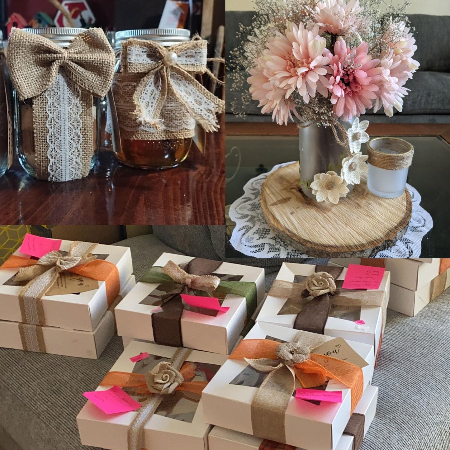OZXCHIXU 30PCS Burlap Flowers Set Including 24 Handmade Burlap Flowers and Bowknots,5 Lace Burlap Ribbon Rolls, 1 Twine Ribbon and Glue Pointsfor Wedding Party Decoration Home Embellishment DIY Crafts