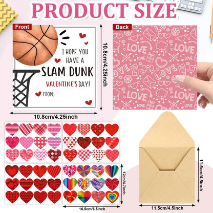 Hedeey 48 Pack Valentines Day Cards for Kids Classroom Basketball Valentine's Day Exchange Greeting Cards with Envelopes and Heart Stickers for Kids Classroom School Party Favors 4.3 * 4.3 inch