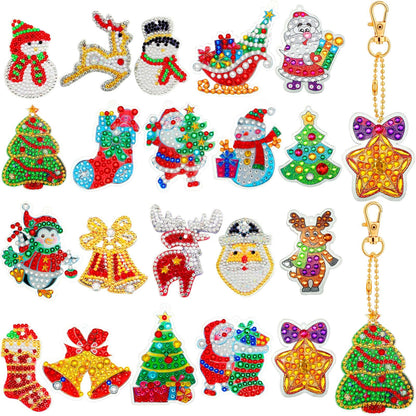 Chuangdi 20 Pcs Diamond Art Christmas Ornaments Diamond Art Kit for Adult DIY Diamonds Painting Keychains Crystal Rhinestone Arts Craft Santa Snowman Xmas Party Decor Supplies