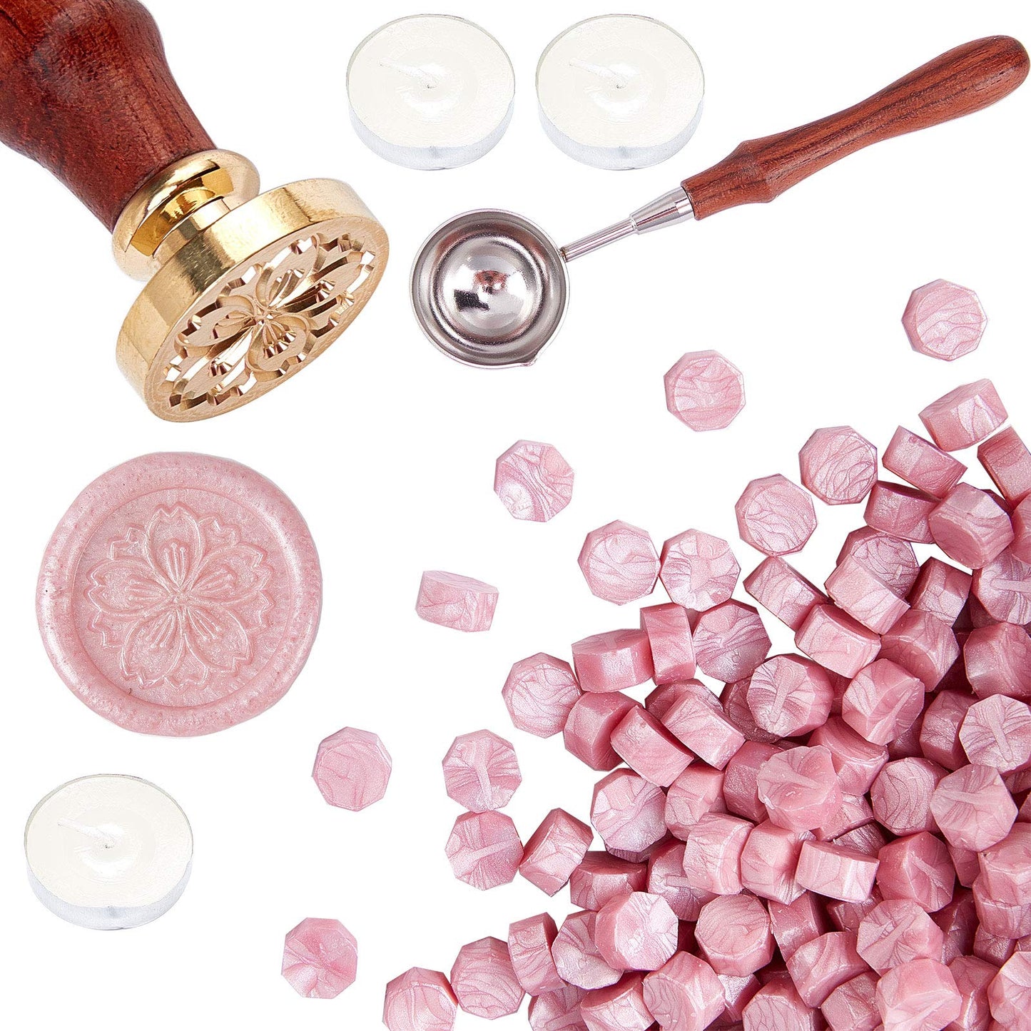 CRASPIRE Cherry Flower Wax Seal Stamp Set + 200pcs Pink Sealing Wax Beads + Melting Spoon + 3pcs Candles for Wedding Invitations Envelops Cards Gift Letter Wrapping Wine Packages