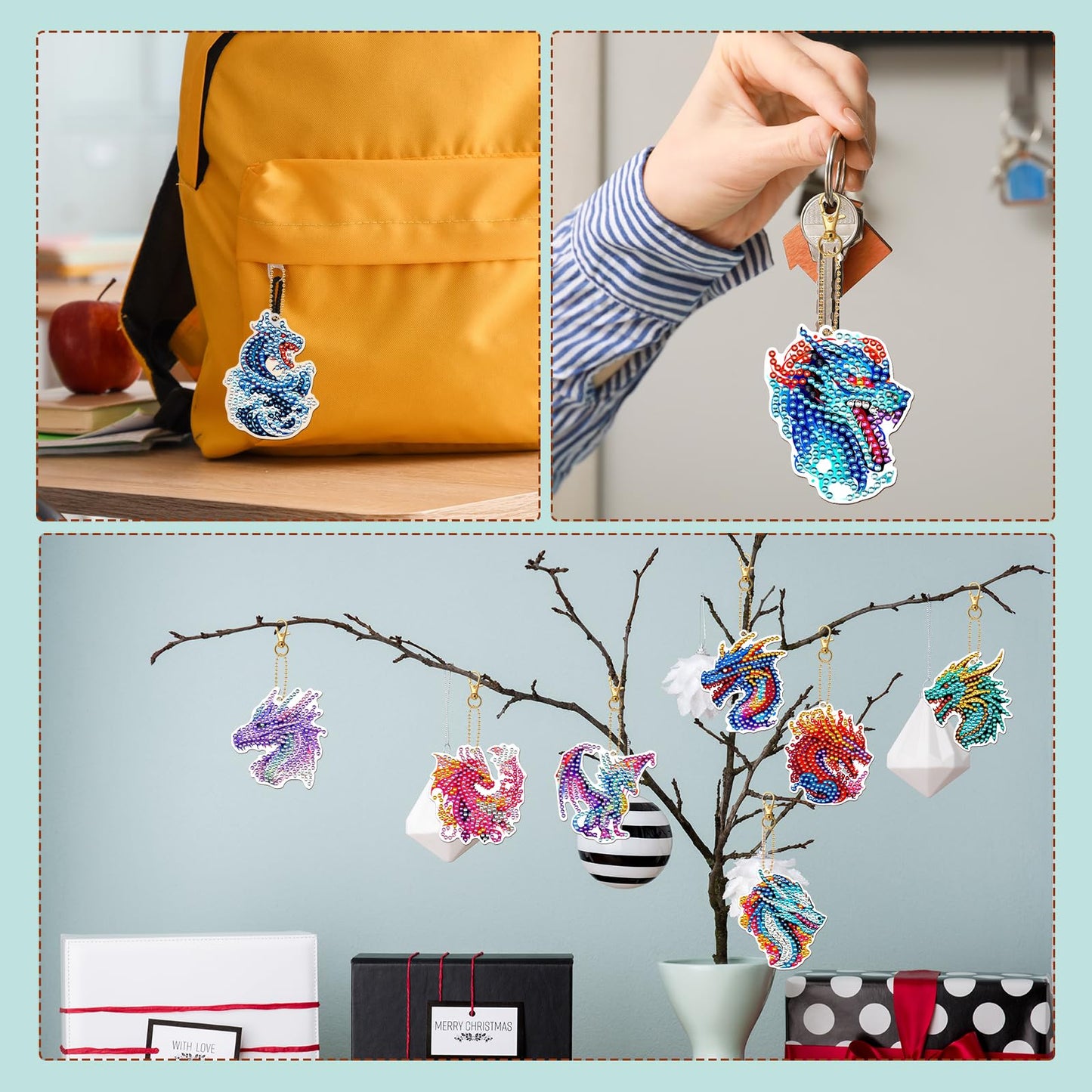 Keluna Diamond Art Keychains Dragon - 12 Pcs Dragon Diamond Painting Kits, Legond Animal Crafts Diamond Art Keychain Kit