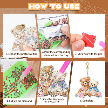 YUE ZHE 8 PCS Diamond Painting Keychains Double Sided Bear Diamond Art Kits for Adults DIY 5D Painting Keychains Ornaments for Adults Beginners DIY Crafts Decor