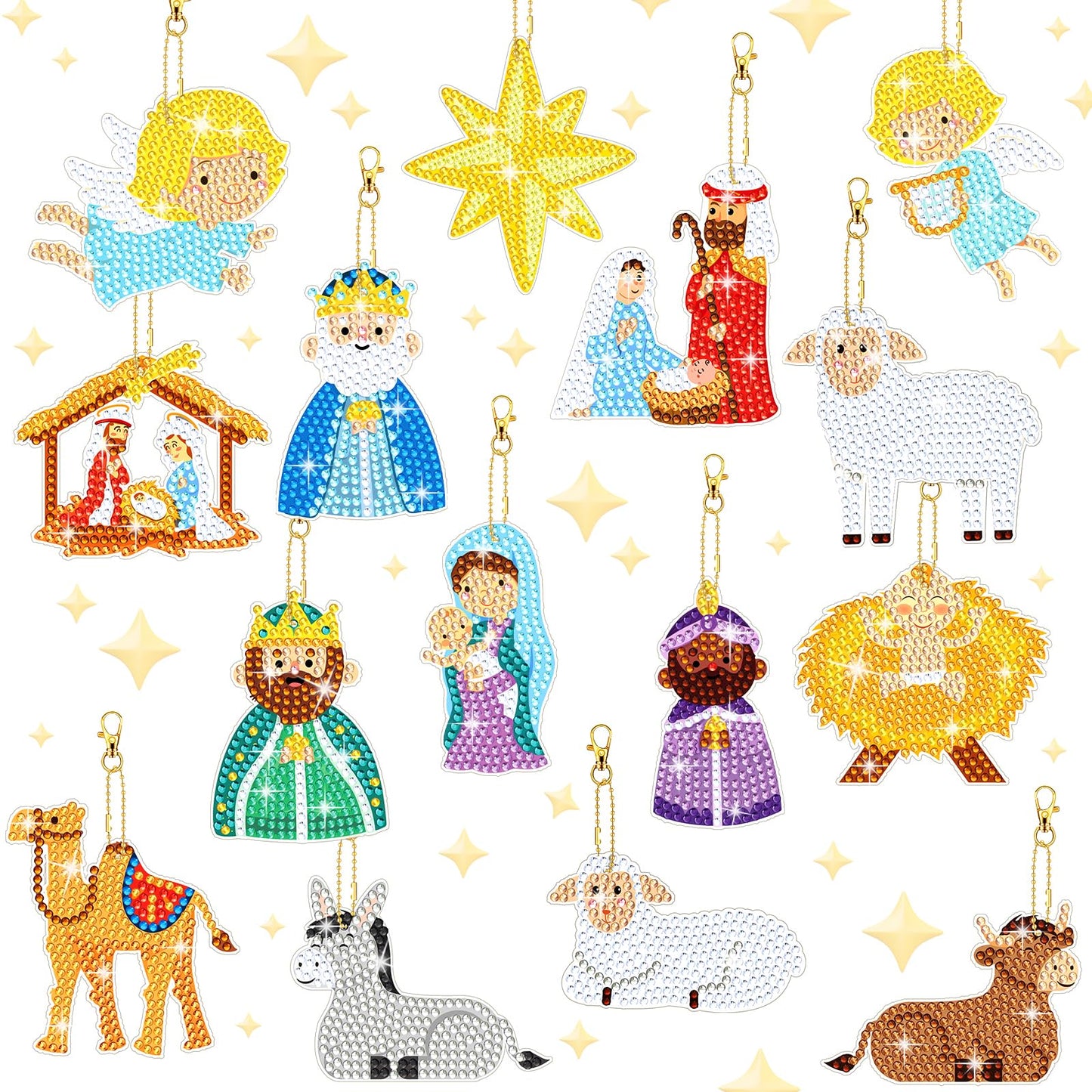 BBTO 15 Piece Christmas Diamond Art Keychains & Ornaments - Nativity Scene Kits for Xmas DIY Crafts