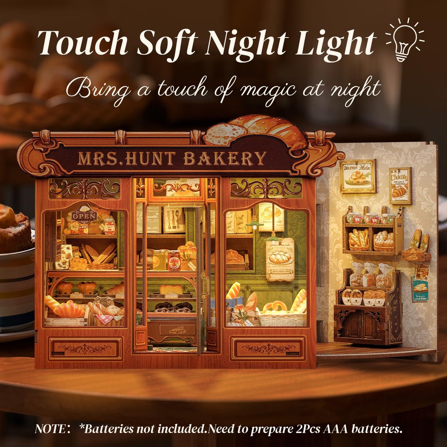 Cutefun Book Nook Kit - DIY Miniature Bread Shop Booknook Kits for Adults and Teens, 3D Wooden Puzzle Bookend Bookshelf with LED Light, Creative Crafts Gifts for Book Lovers (Mrs.Hunt Bakery)