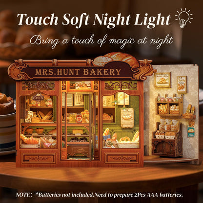 Cutefun Book Nook Kit - DIY Miniature Bread Shop Booknook Kits for Adults and Teens, 3D Wooden Puzzle Bookend Bookshelf with LED Light, Creative Crafts Gifts for Book Lovers (Mrs.Hunt Bakery)
