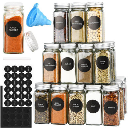 DkOvn 12pcs Glass Spice Jars, 4oz Empty Spice Jars with Metal Caps, Labels, Shaker Lids, Collapsible Funnel, Chalk Pen, Seasoning Organizer for Spice Rack