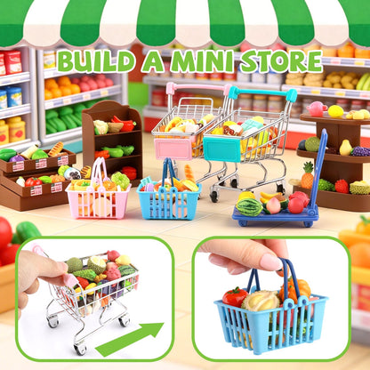 Mini Shopping Cart Basket, Miniature Grocery Toys 3 Supermarket Shelves Play Store 100+ Fruit Vegetable Cake Bread Mini Food Miniature Dollhouse Accessories with Push Cart