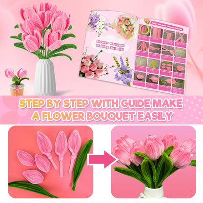 Pipe Cleaners Craft Flowers Kit 791 Pcs, 400 Pcs 7 Colors 8mm Fuzzy Pipe Cleaners Bulk (Tulips/ Lilies), 360 Pcs Stamen, Chenille Stems for DIY Flower Making Kit Crafts, Floral Stems & Tape & Ribbon