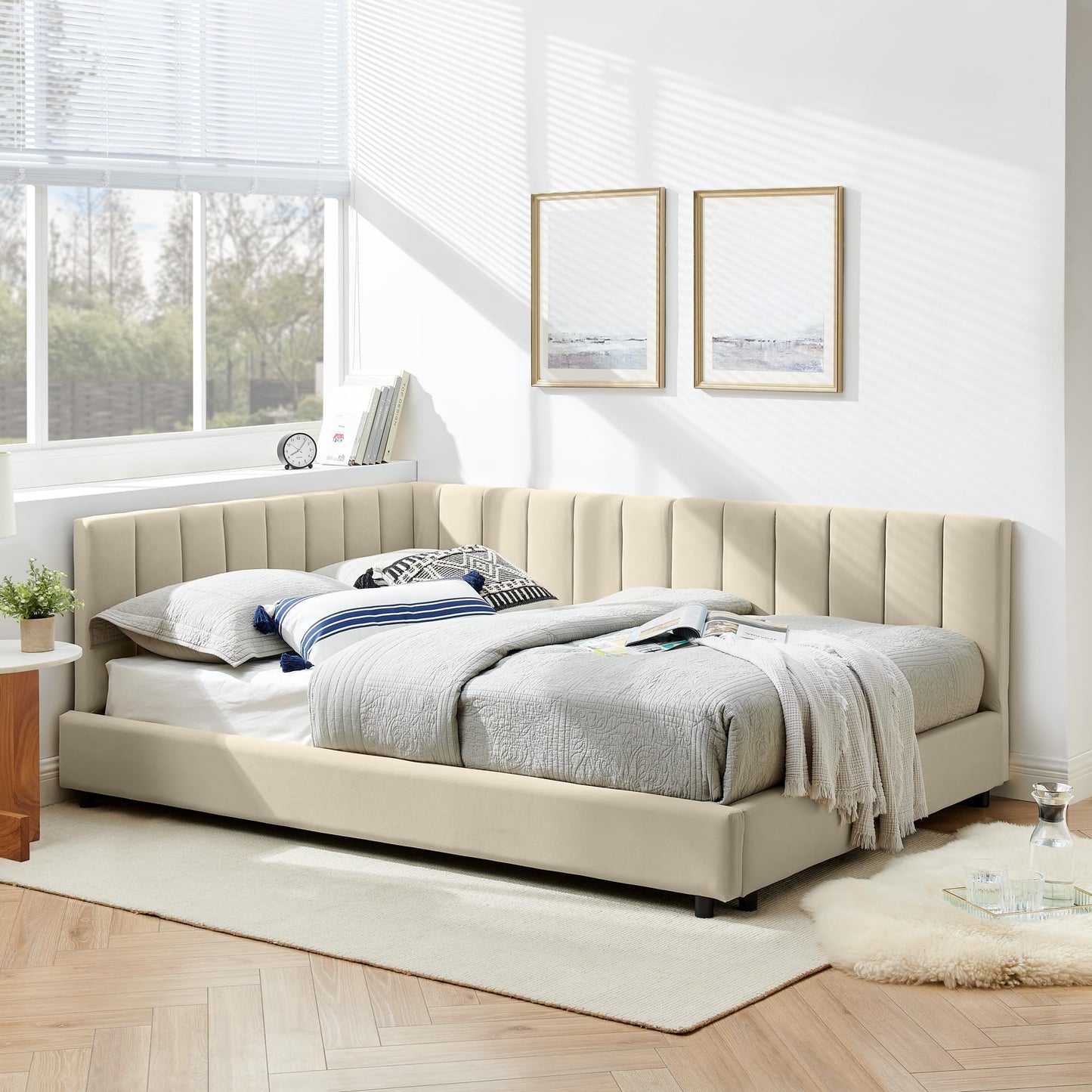 DNYN L-Shaped Velvet Daybed with Backrest and Armrest for Bedroom/Guest Room, Full Size Upholstered Sofabed Frame with Wooden Slats Support, No Box Spring Needed & Easy Assemble