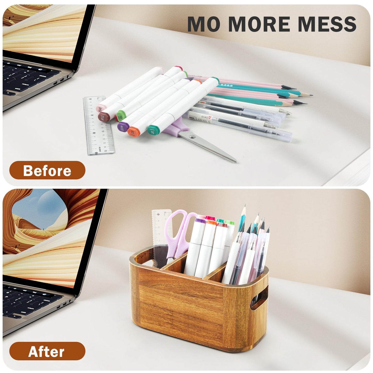 SWKHDKX Acacia Pencil Pen Holder for Desk, Wooden Office Organizer with 3 Slots for Countertop, Makeup Brush Holder Remote Control Organizer for School Home Supplies