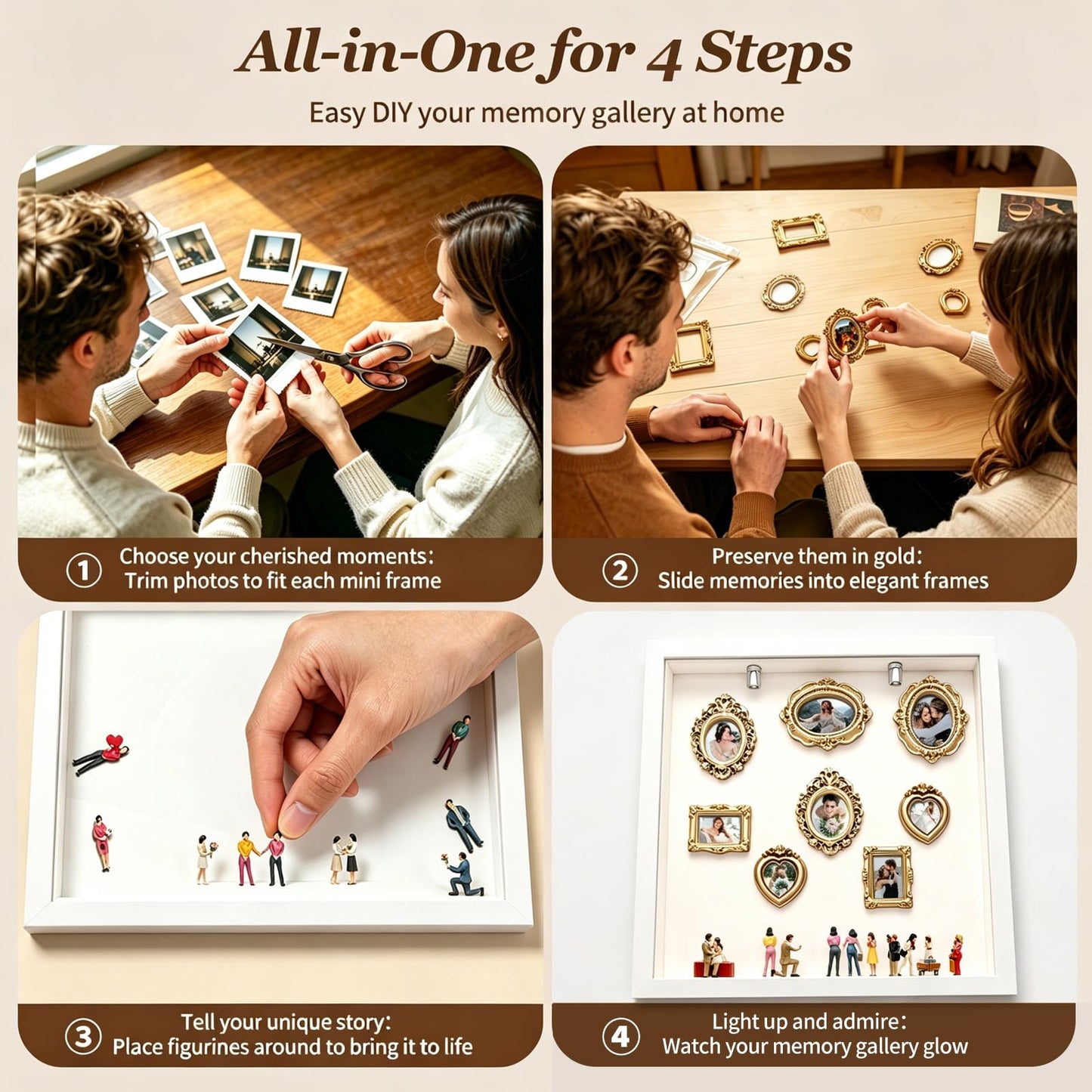 New DIY Mini Gold Grames Silhouette Box, Upgrade Shadow Box Frame Kit with Gold Miniature Museum & Figurines, Celebrate Your Unique Memories in Style, for Anniversary, Wedding, Birthday & Home Decor