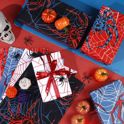 Pineraap 12 Sheets Spider Wrapping Paper, Spider Web Gift Wrap Blue Red Gift Packing for Boys Men Birthday Party DIY Crafts, 19.7 x 27.6 Inch