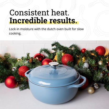 Lodge 3 Quart Enameled Cast Iron Dutch Oven with Lid – Dual Handles – Oven Safe up to 500° F or on Stovetop - Use to Marinate, Cook, Bake, Refrigerate and Serve – Storm Blue