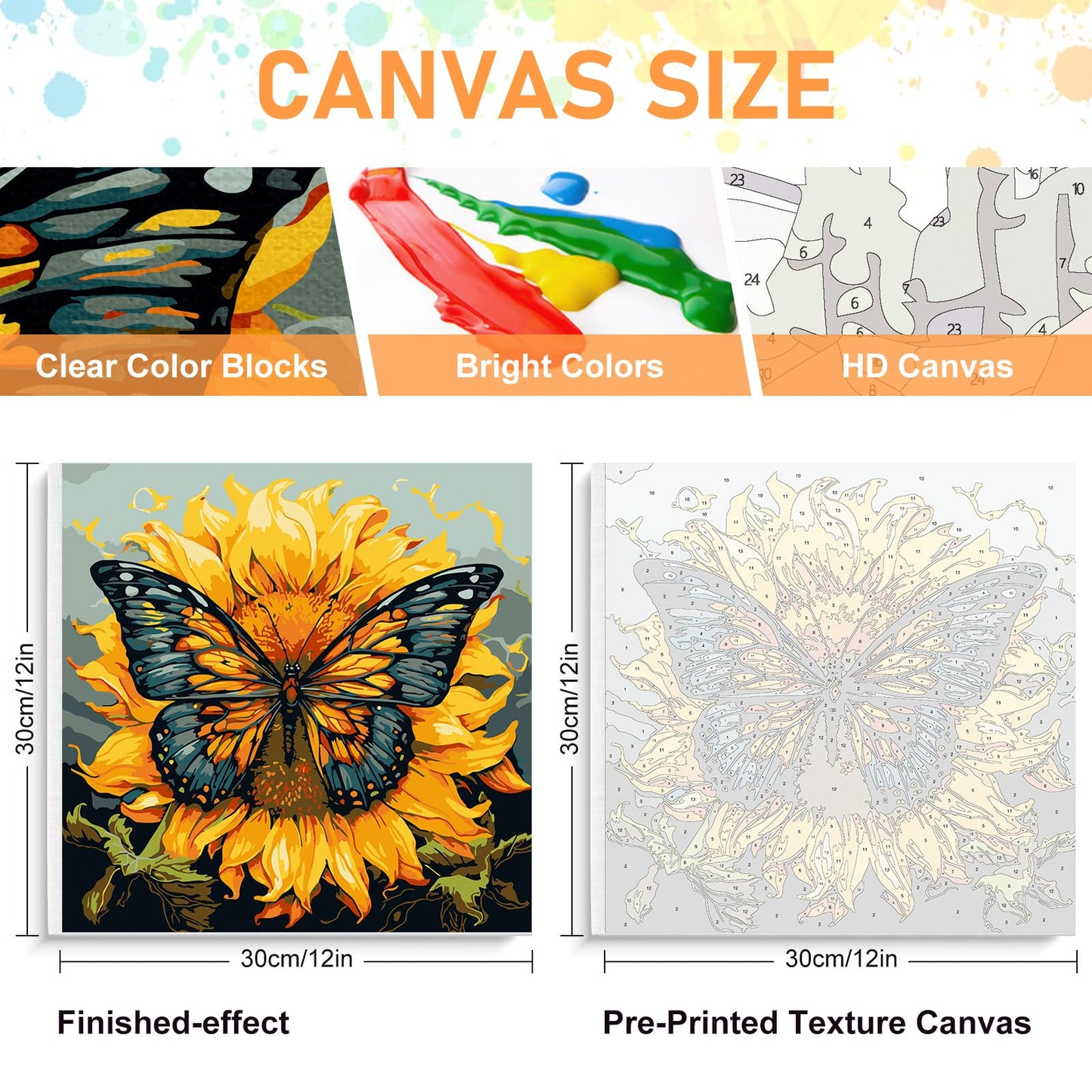 Framed Paint by Numbers Kit for Adults Beginners & Kids Ages 8-12, Butterfly Sunflower Acrylic Easy Paint by Number with Frame, Number Painting Kits on Canvas Framed (12 * 12 Inch, without Easel)