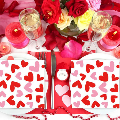 100 PCS Valentines Day Cocktail Napkins 5'' x 5'' Love Heart Disposable Paper Napkins 3 Ply Red Pink Heart Beverage Napkin for Valentines Wedding Anniversary Birthday Party Supplies Dinner Table Decor