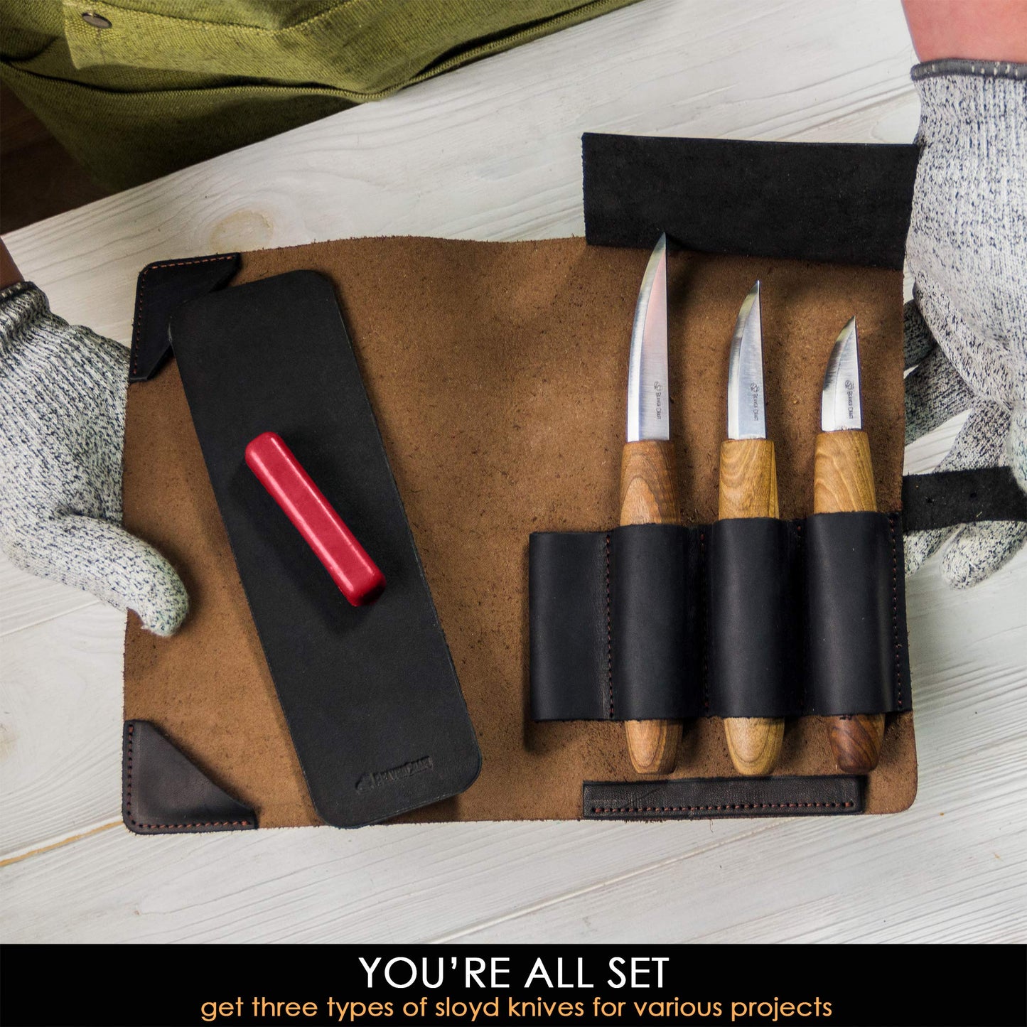 BeaverCraft Deluxe Wood Carving Kit with 3pcs High‑Carbon Steel Sloyd Knives S19x – Whittling Knife Set with Walnut Handles, Leather Tool Roll & Leather Strop, Polishing Compound – Wood Carving Tools