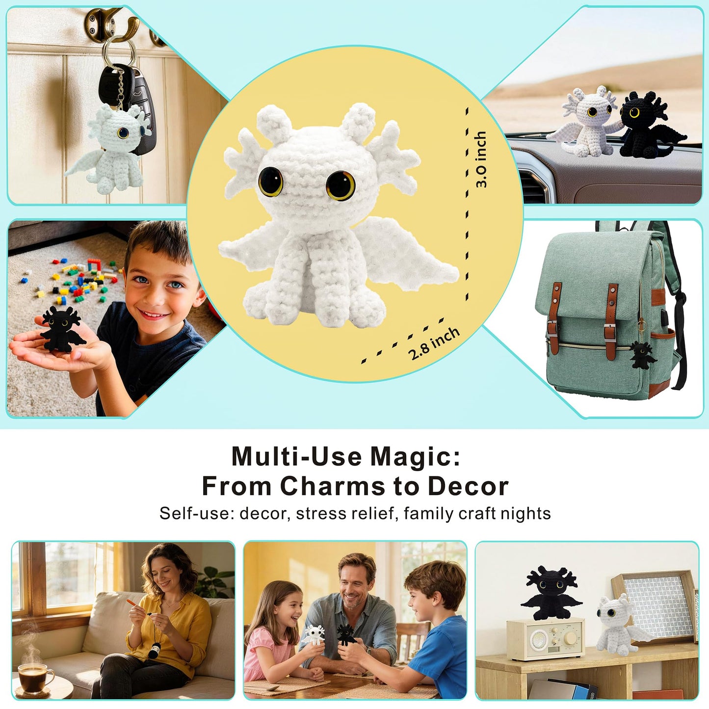 LuNuaFvy Crochet Kit for Beginners, Adults & Kids, Complete Animal Starter Kit to Make 2 Amigurumi Dragons,DIY Gift with Easy-to-Follow Book & Video Tutorial, Soft Yarn, 2 Bags