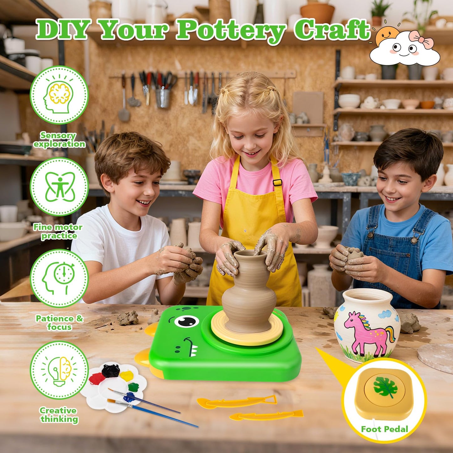TenLaitech Pottery Wheel for Kids - Arts and Crafts Toys for Kids Ages 8-12 | Complete Pottery Painting Kit with Air Clay Art Supplies for Girls Boys Toys Birthday Gift for 6 7 8 9 10 11