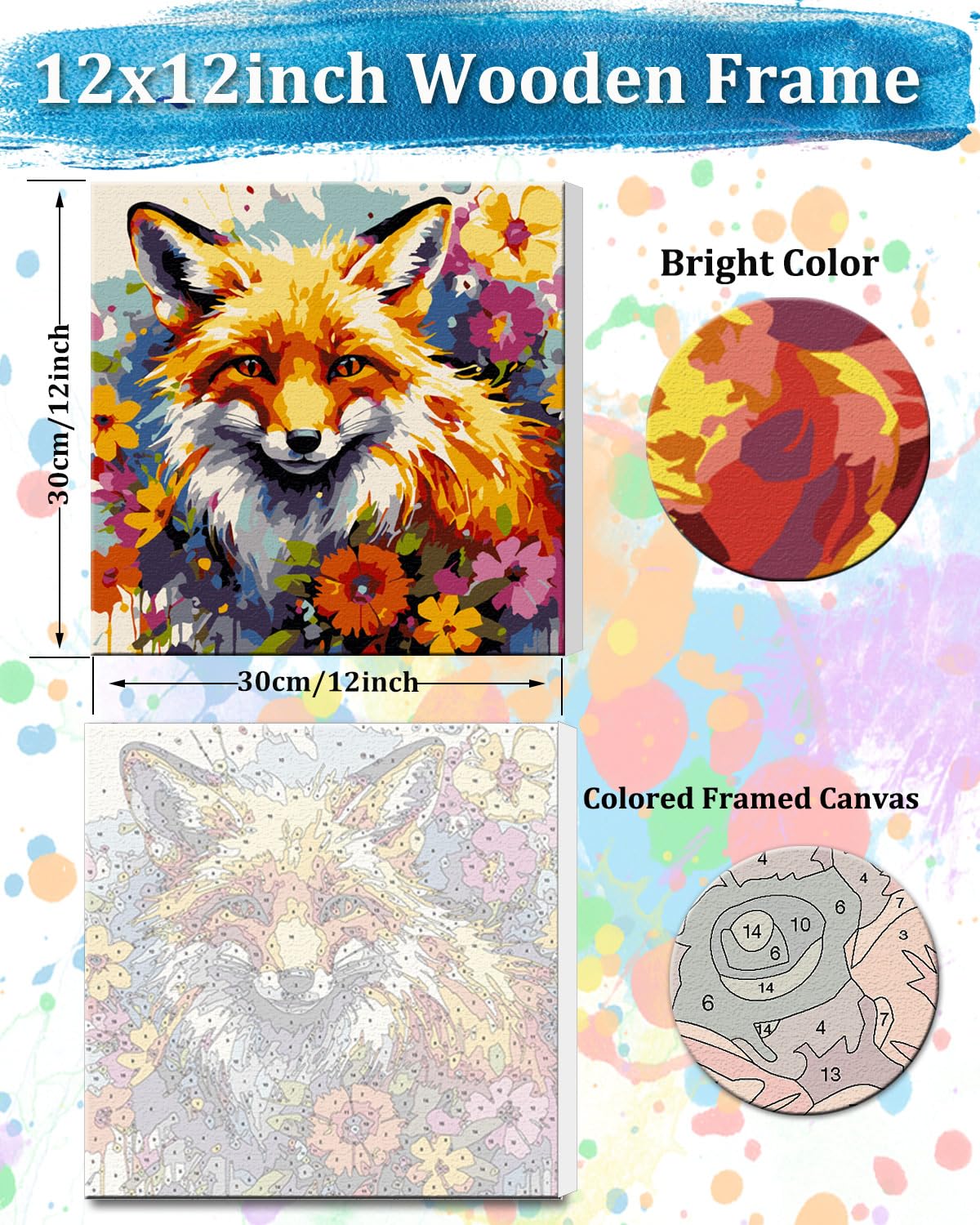 TOCARE Framed Paint by Numbers Kit for Adults & Kids Ages 8-12, 12x12Inch Red Fox Paint by Numbers with Frame, Fox Paint by Number Framed Canvas for Wildlife Animal Lovers (Without Easel)