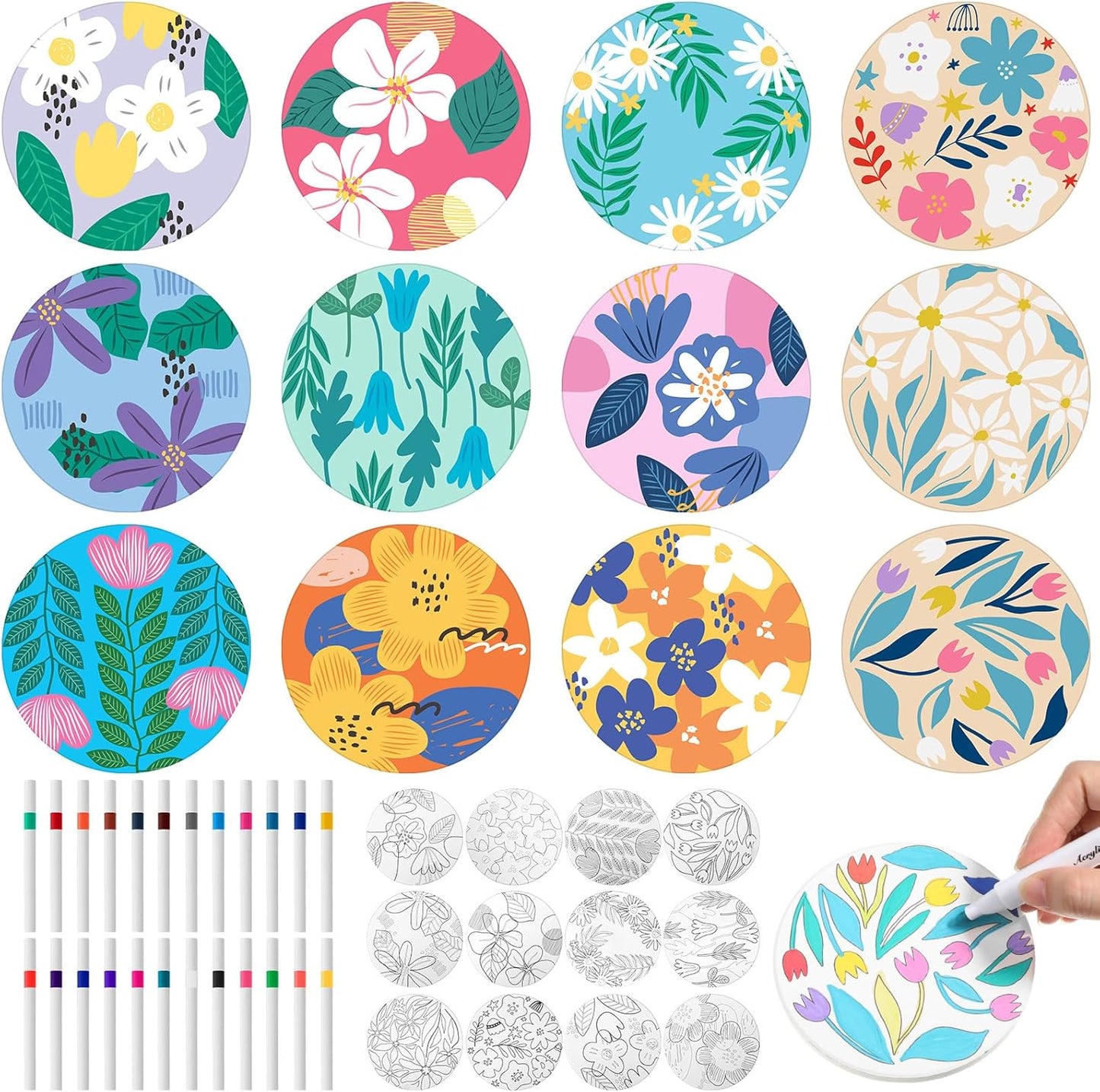 12 12 Potchen Pcs Flower Coasters Color Your Own Coaster Ceramic DIY Kits for Adults Absorbent Spring Floral Drink