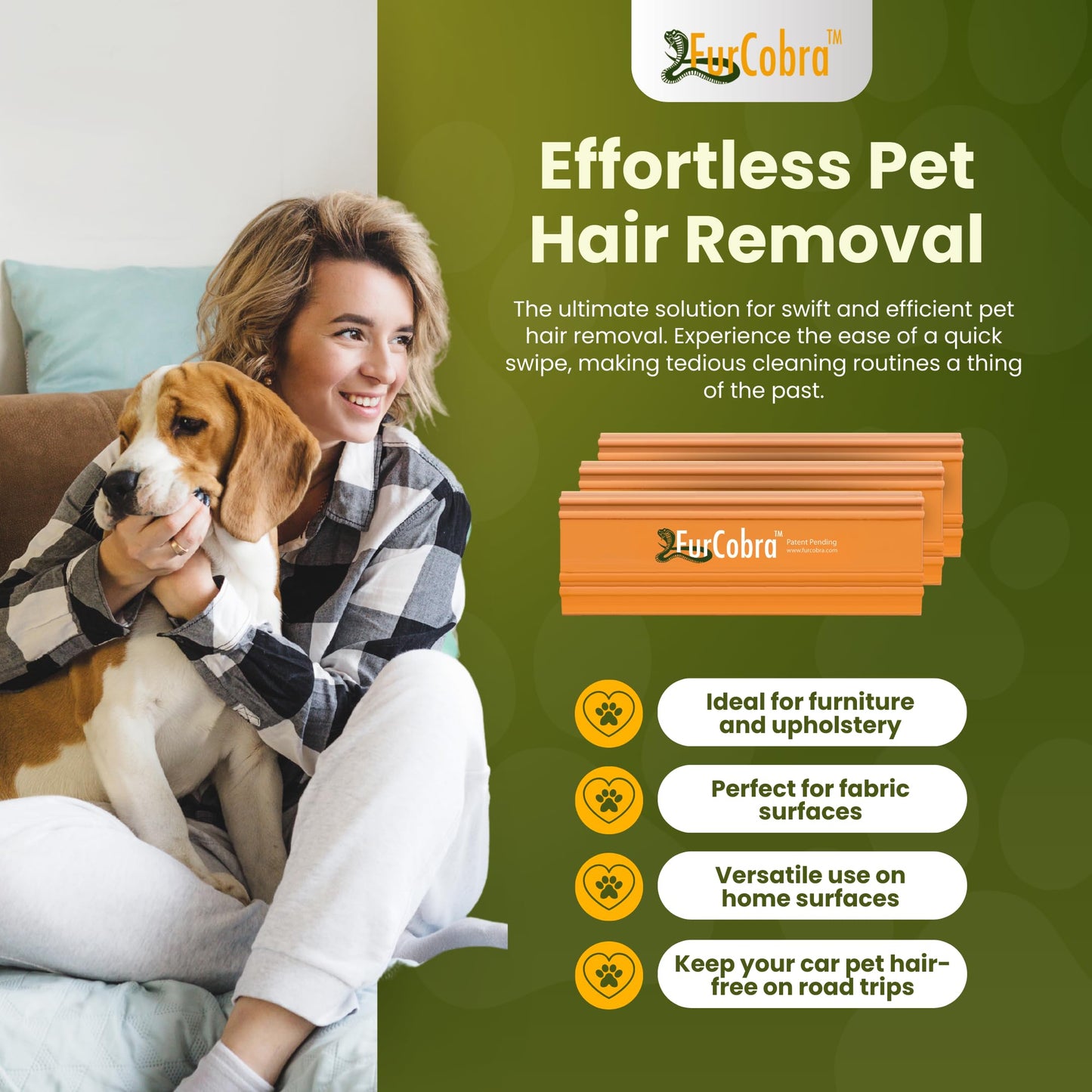 FURCOBRA Pro Pet Hair Remover for Car 4.33" - Lightweight, Compact Cat Dog Fur Remover, Scraper, Cleaner for Bed, Couch, Carpet, Home Surfaces - Portable, Easy to Use Pet Hair Removal Tool