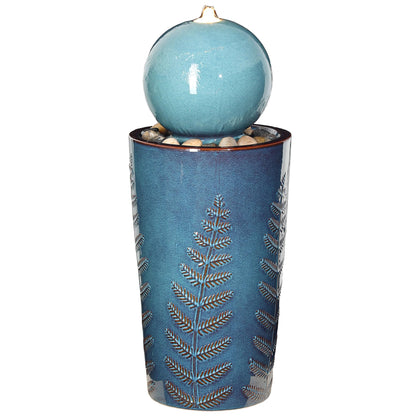 Autodaya 29.5" H Ceramic Sphere Water Fountain with LED Lights, Modern Nature-Inspired Design, Teal Blue Glaze with Leaf Patterns & Pebbles, Soothing Trickling Water Feature for Patio, Yard and Garden
