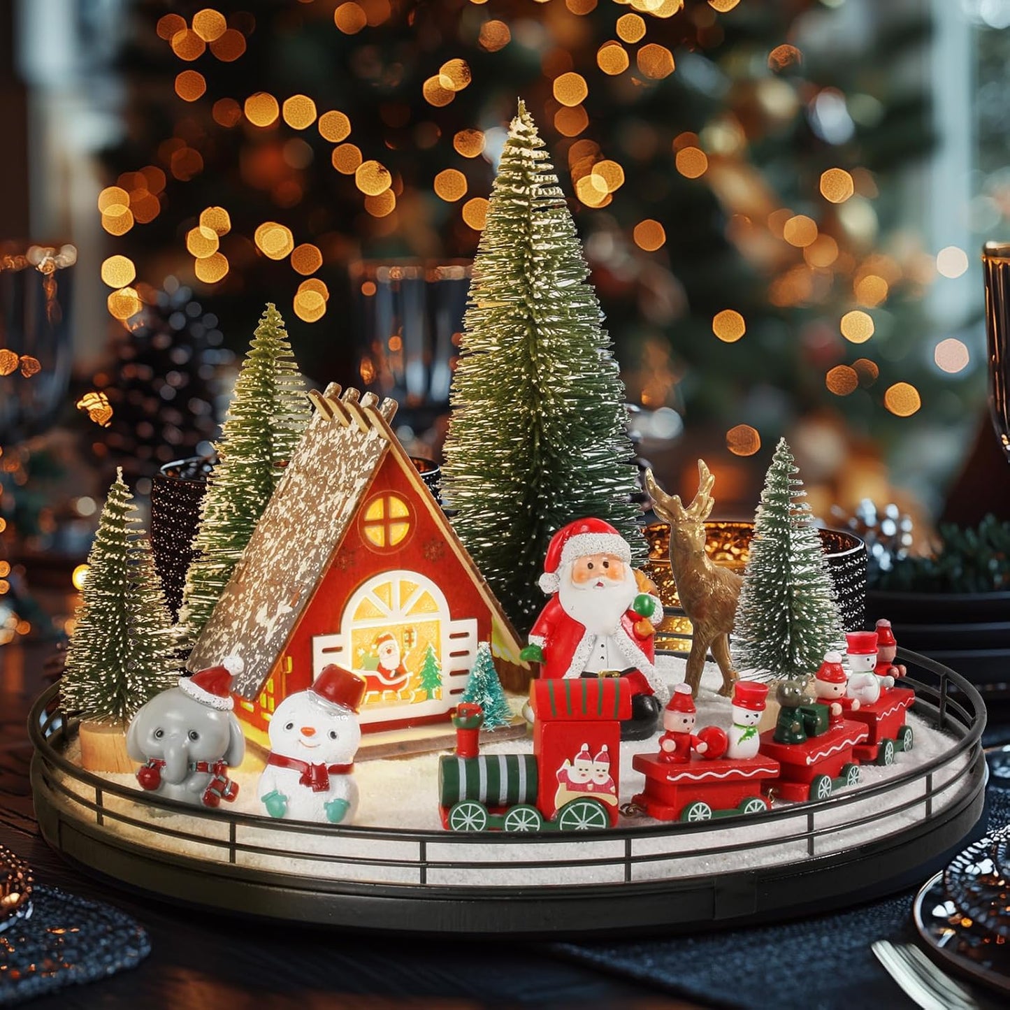 12 Set 13" Oroyutor Pcs Christmas Village - Oak Wooden Lazy Susan with Santa Train, House & Trees Indoor Christmas