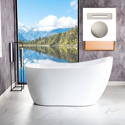 WOODBRIDGE 54"Freestanding White Acylic Soaking Bathtub with Brushed Nickel Drain and Overflow,B0006 -B-Drain &O