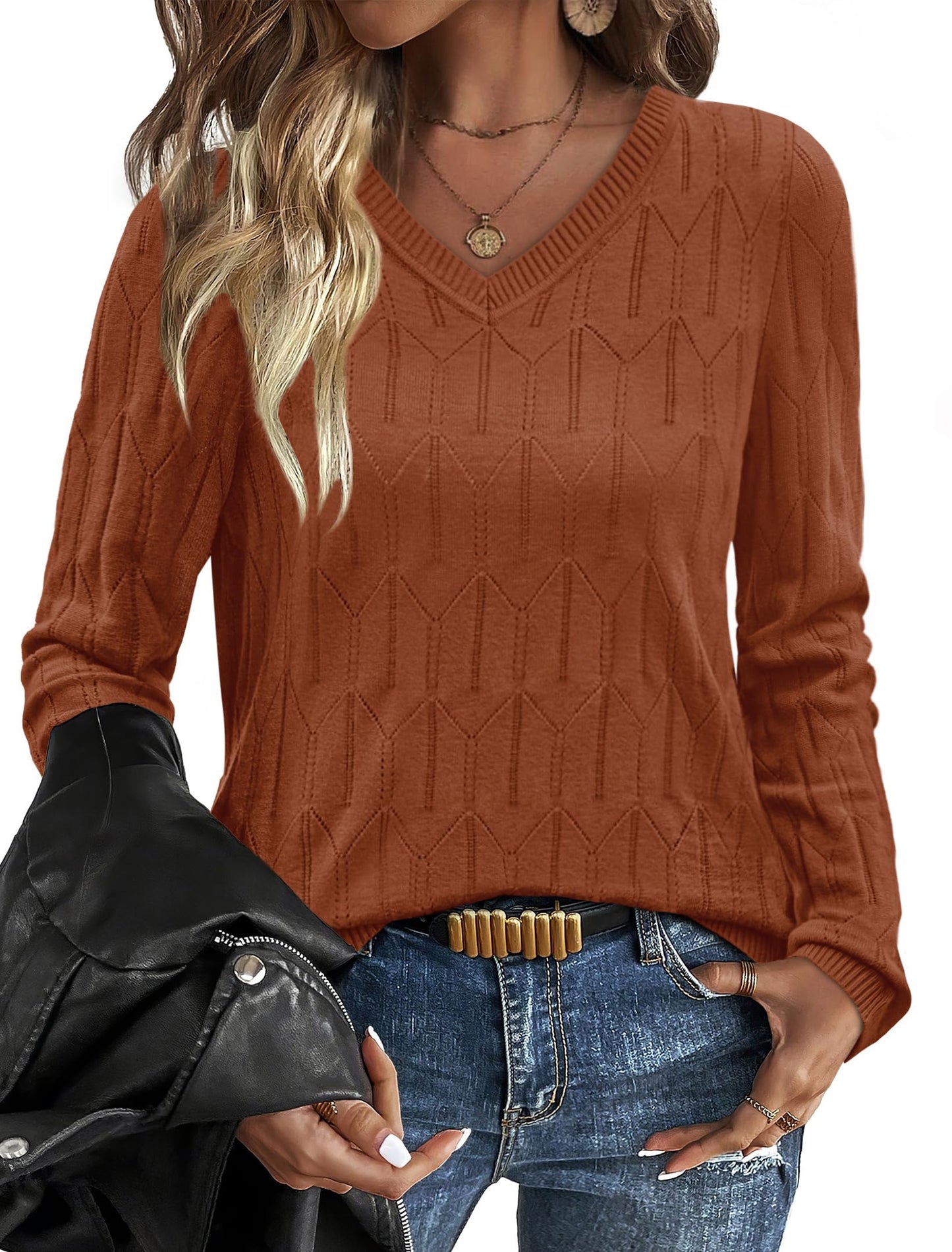 OFEEFAN Womens Sweaters Long Sleeve Shirts Fall Outfits 2025 V Neck Soft Knit Pullover Trendy Tops Dressy Casual Blouses