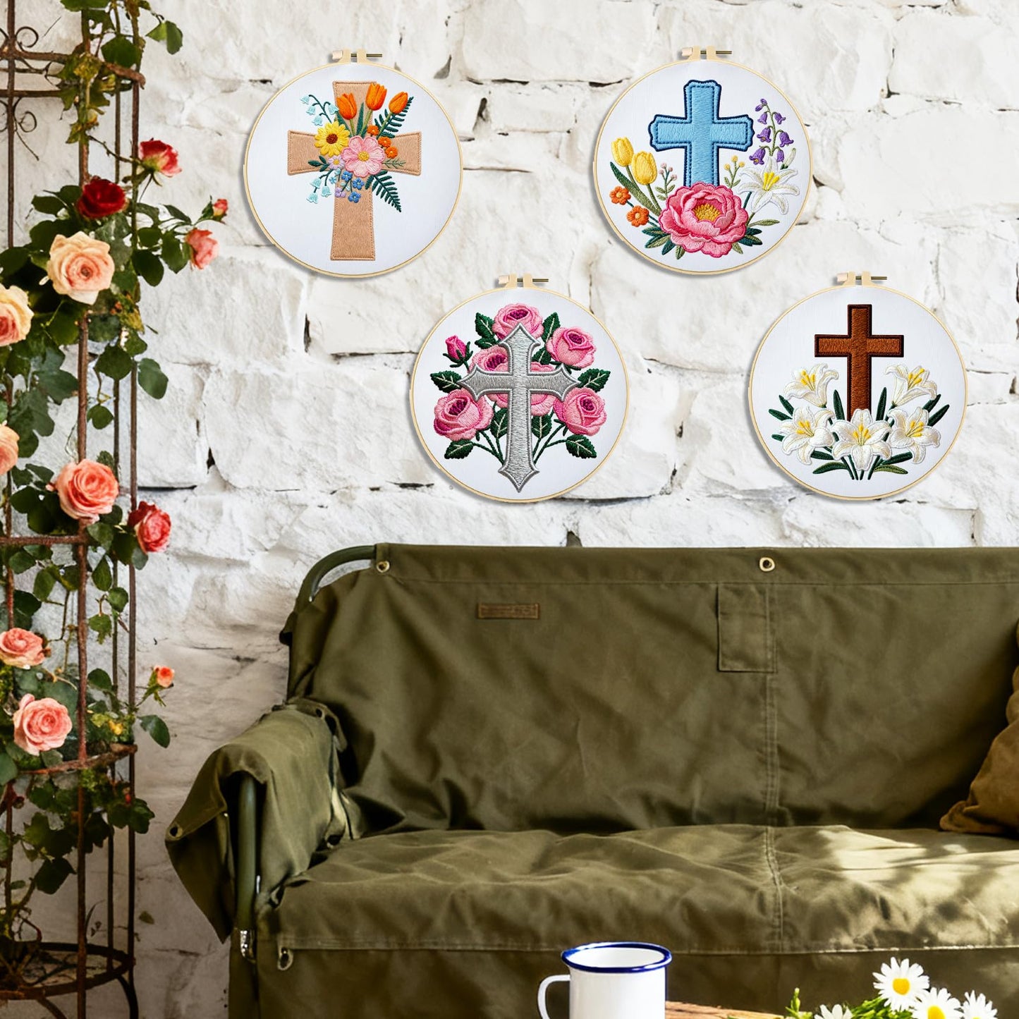 BEUNITONE Cross and Flowers Embroidery Kit for Beginners, DIY Stamped Needlepoint Craft with 4 Easy Patterns, Complete Starter Set for Relaxing Mindfulness Art and Creative Gift for Adults