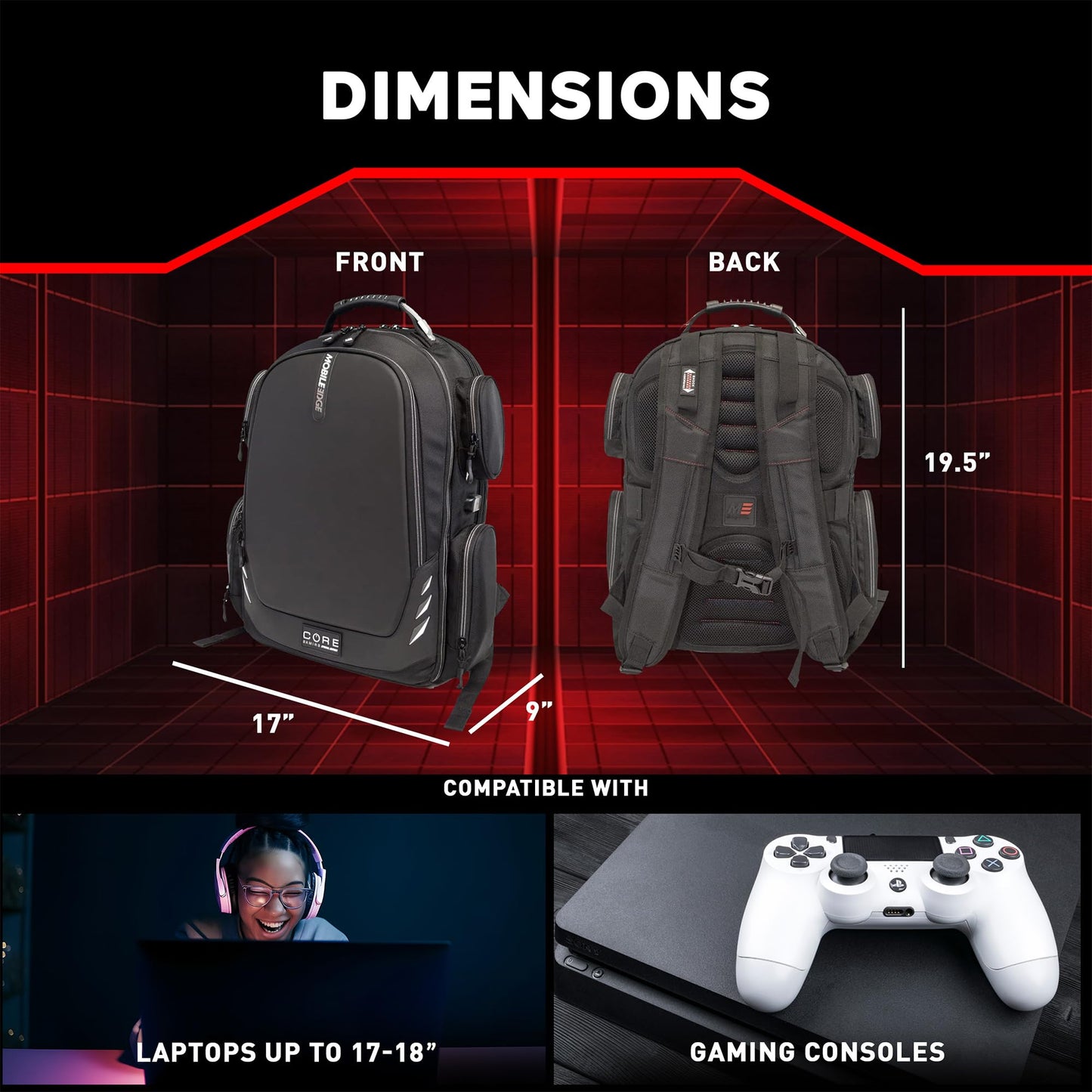 Mobile Edge CORE Gaming Laptop Backpack for 17-18 Inch Laptops with USB Charging Port and Cable, TSA-Friendly, MECGBPV1