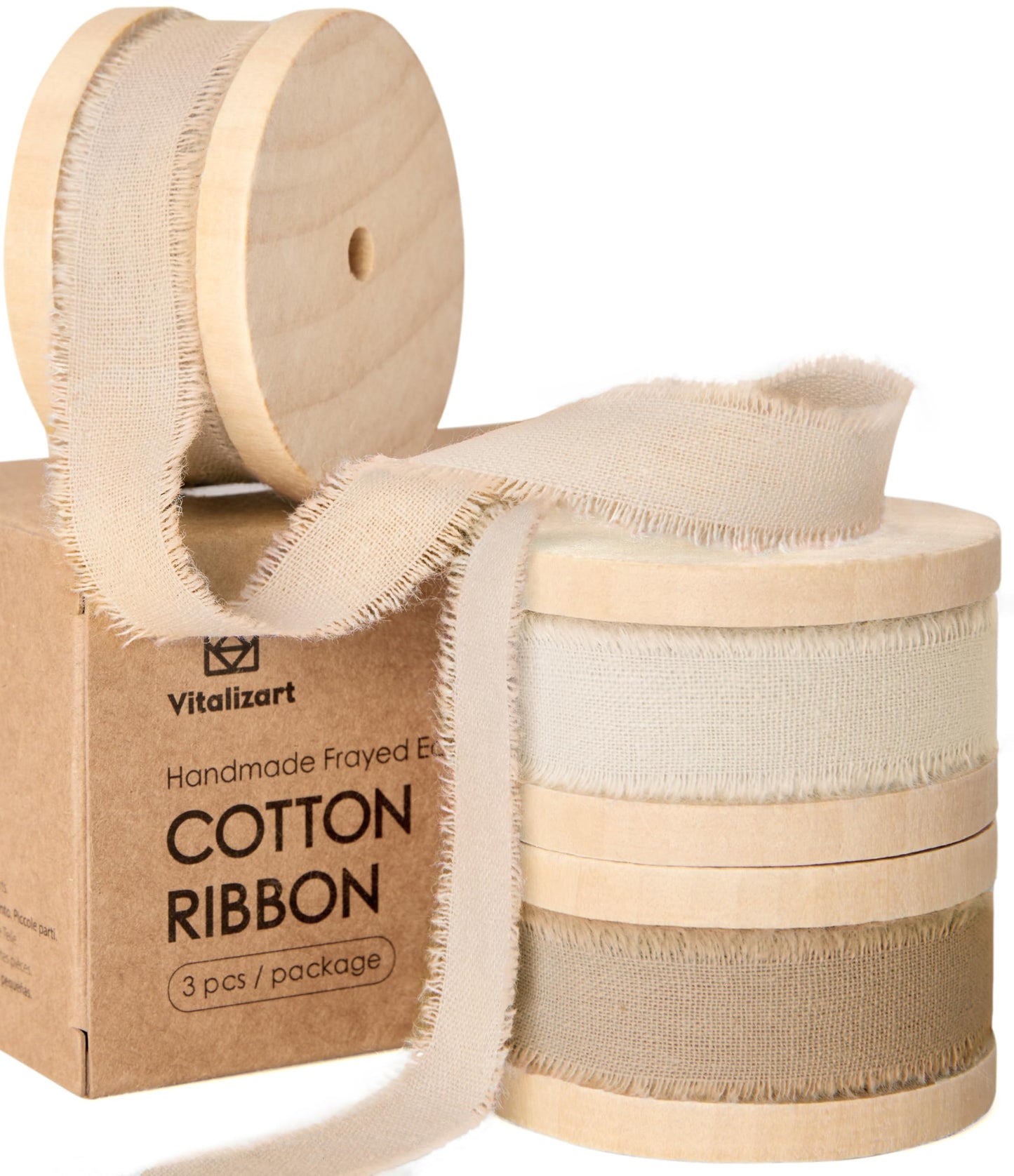 Vitalizart Cotton Ribbon Handmade Fringe 5/8" x 21 Yd Nude & Cream White Pure Natural Cotton Ribbons for Gift Wrapping Wedding Invites Bridal Shower Bouquets Holiday Decor