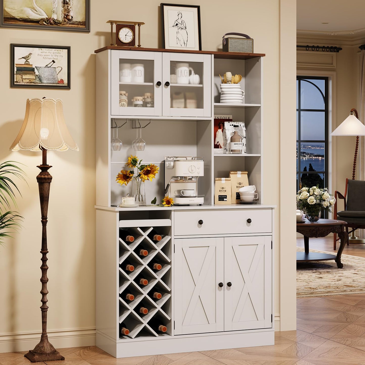 GarveeLife Tall Coffee Bar Cabinet with Wine Rack – Modern Sideboard Buffet, Barn Doors, Storage Hutch, Power Outlets, Glass Holder – for Dining Room, Kitchen, or Living Room – White + Light Walnut