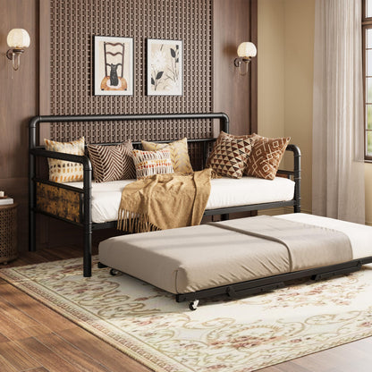 IDEALHOUSE Twin Daybed and Foldable Metal Trundle Bed, Metal Twin Bed Frame Heavy Duty Steel Slats Support,Sofa BedFrame for Living Room, Guest Room,Noise Free, Black