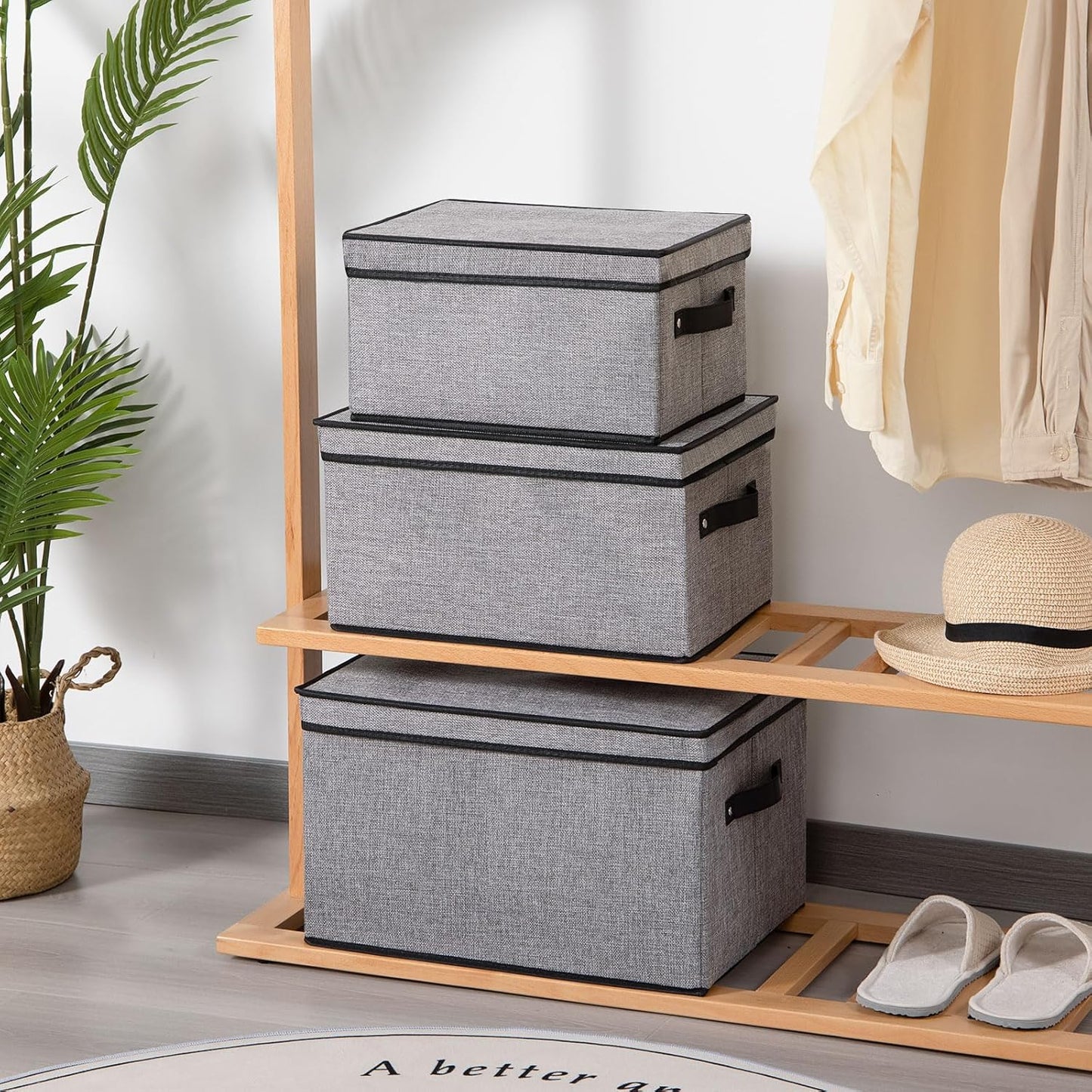 Fabric Storage Boxes, 3 Pack Large 16.5 x 11.8 x 10.2 Inch Baskets with Lids, Decorative Linen Closet Organizers with