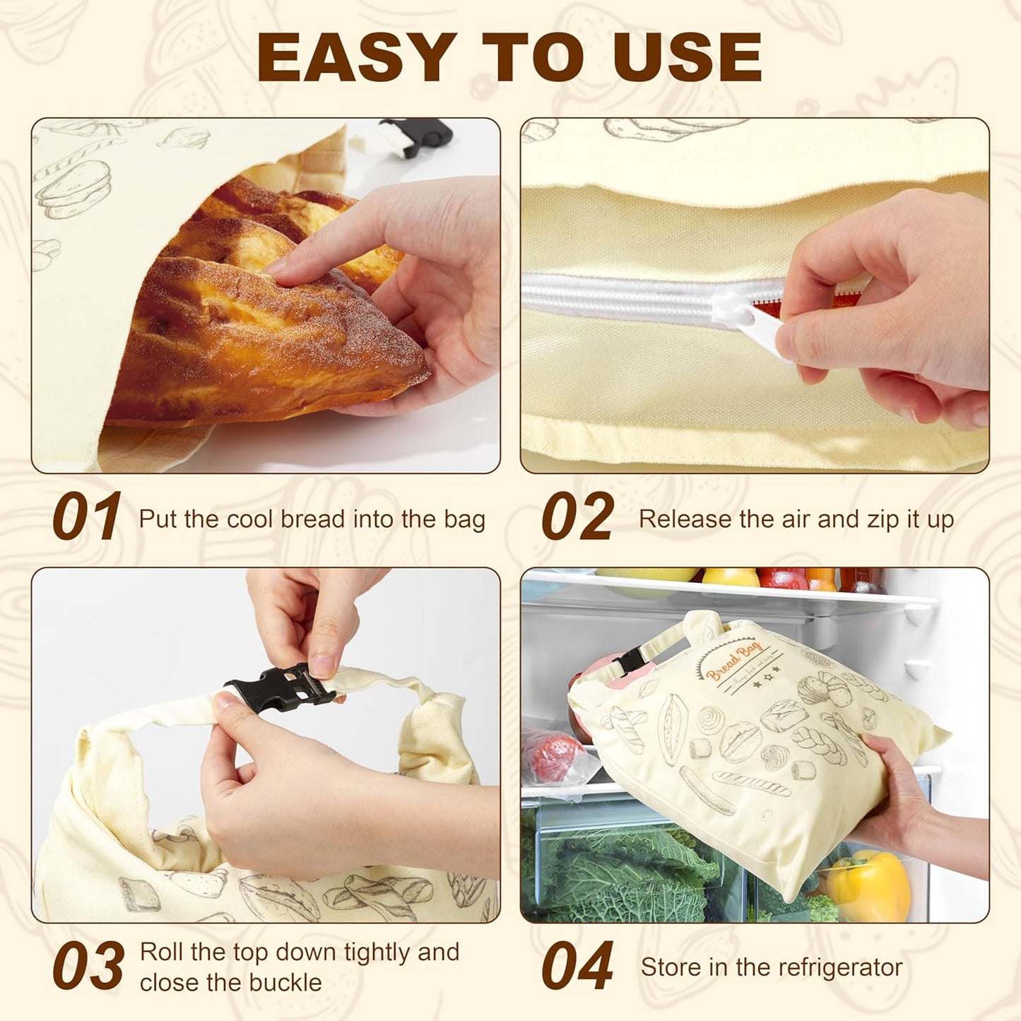 2 Packs BuyCard Bread Bag Reusable Beeswax Food Storage Bag, Natural Cotton with Bread Pattern Design, Zipper Reusable