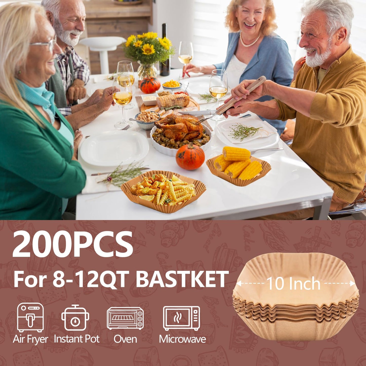 UBeesize 9-Inch Air Fryer Parchment Liners - 200 Pack, Square Non-Stick Disposable Paper Sheets for Microwave & Air Fryers, Unbleached Baking Sheets (8-Inch Base)
