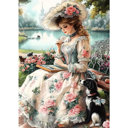 MXJSUA DIY Lady Diamond Painting Kits for Adults, Vintage Diamond Gem Art Painting for Beginners, Diamond Picture with Full Round Drill Dots Craft Set, 12 * 16 Inch
