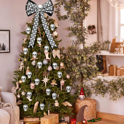 Skull Christmas Ornaments Gothic Tree Topper Spooky Christmas Decorations 1 Pcs Large Skull Tree Topper Bow and 24 Pcs Small Plastic Skeleton Head Hanging Ornament for Xmas Front Door Outdoor